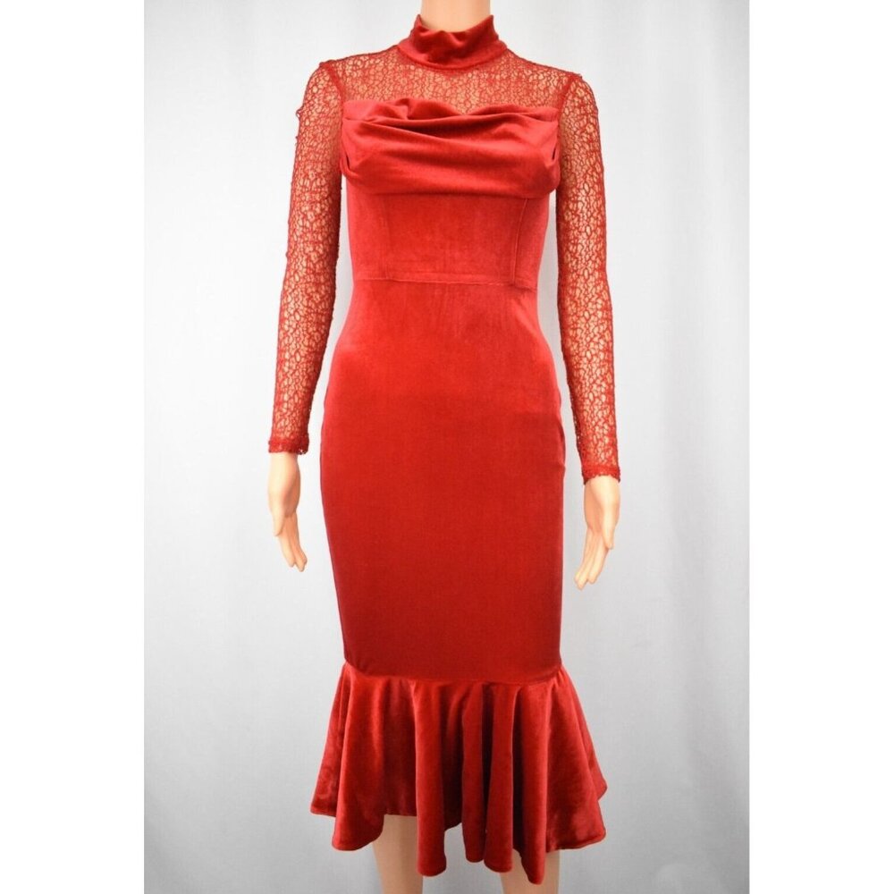 Elegant Red Velvet Mermaid Midi Dress Sz S Bodycon Sheer Mesh Mock Neck Cocktail